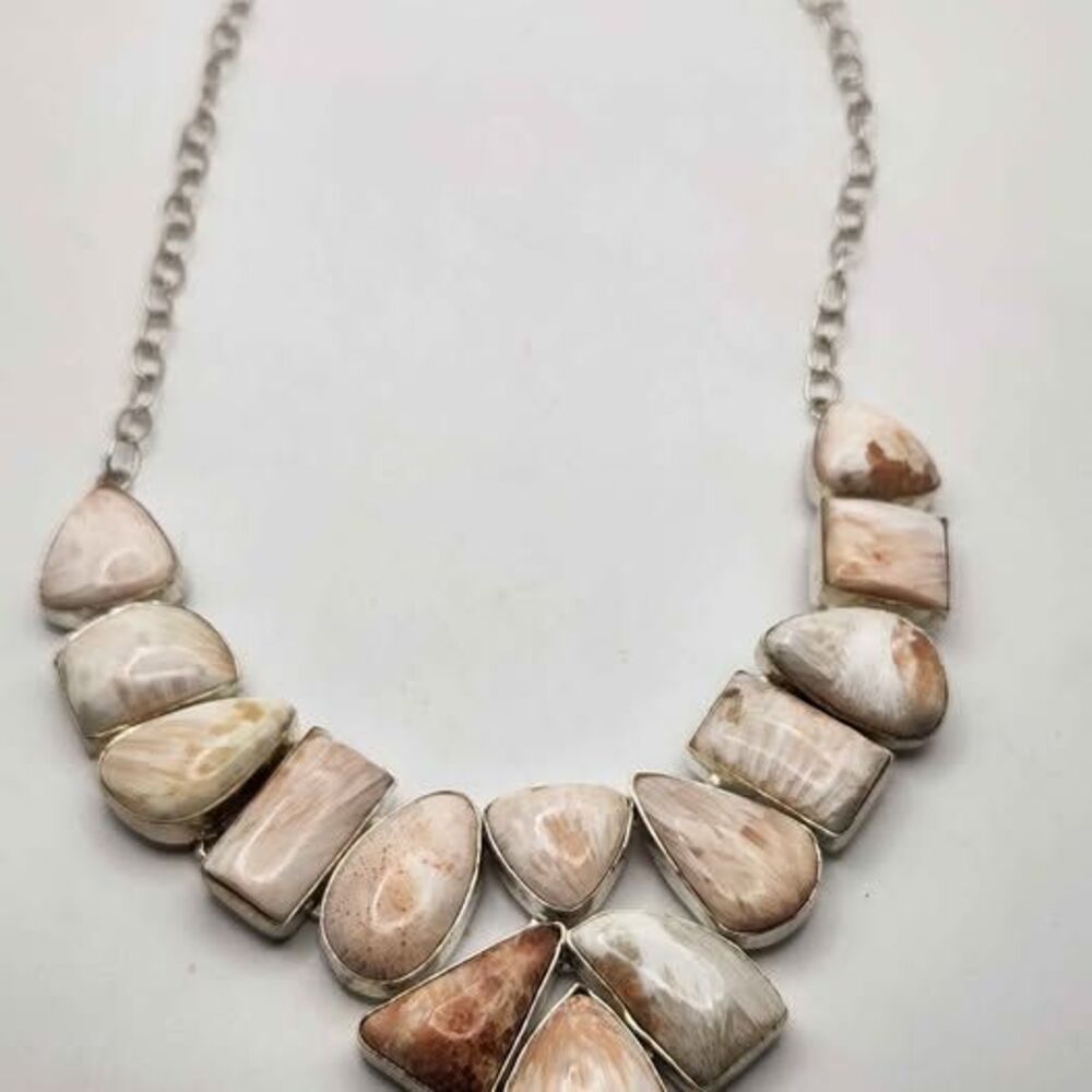 Peach Scolecite Bib Statement Necklace Bezel Set Multi Stone Silver Tone Adjusta